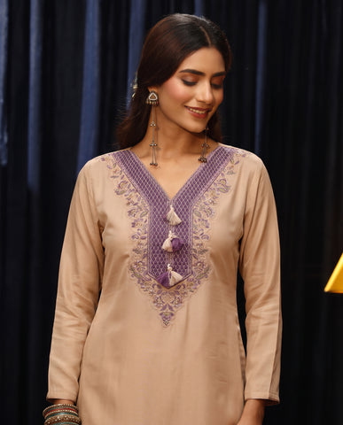 Cream Embroidered Cotton A-Line Suit Set for Women with Purple Dupatta