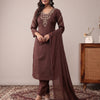 Brown Embroidered Cotton A-Line Kurta Set with Dupatta
