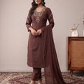 Brown Embroidered Cotton A-Line Kurta Set with Dupatta
