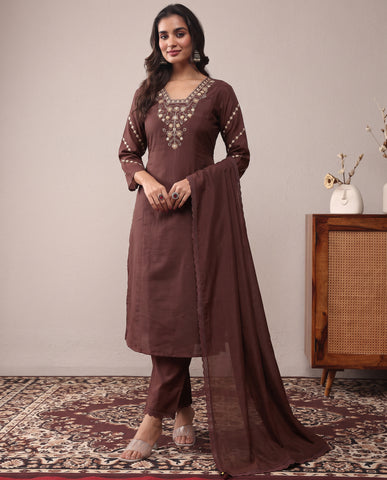 Brown Embroidered Cotton A-Line Kurta Set with Dupatta