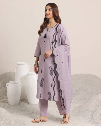 Violet Embroidered Cotton A-Line Suit Set for Women with Dupatta