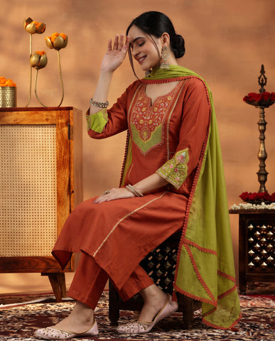 Rust Orange Embroidered Cotton A-Line Kurta Set for Women with Dupatta