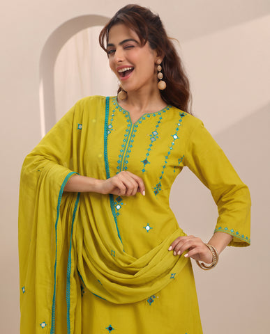 Lemon Green Embroidery Worked Short Kurta Suit Set With Dupatta