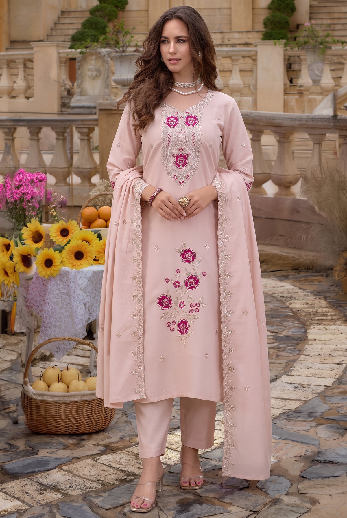 Baby Pink Embroidered Straight Kurta Set with Sequin-Work Dupatta