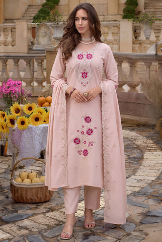 Baby Pink Embroidered Straight Kurta Set with Sequin-Work Dupatta