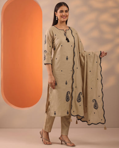 Cream Embroidered Cotton A-Line Suit Set for Women with Dupatta