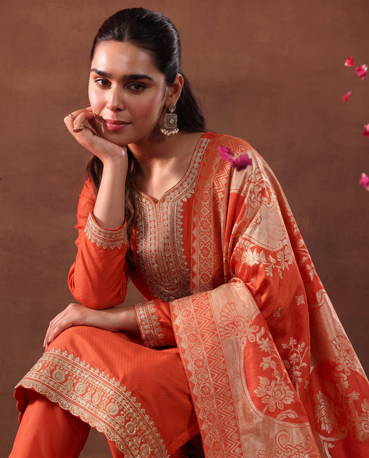 Women's Orange Embroidered Kurta Set with Banarasi Dupatta