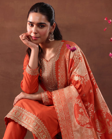 Women's Orange Embroidered Kurta Set with Banarasi Dupatta
