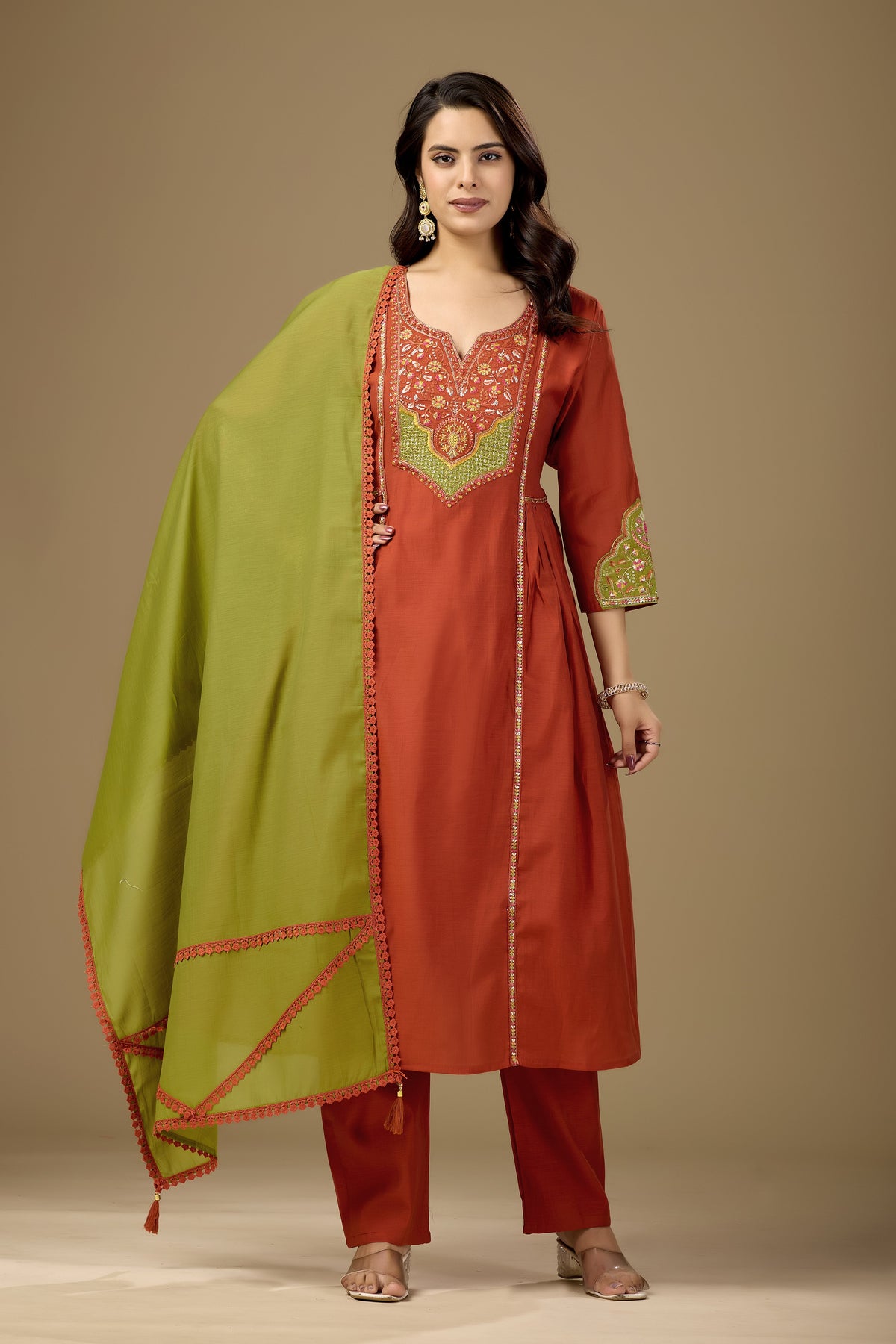 Rust Orange Cotton A-Line Kurta Set for Women with Dupatta