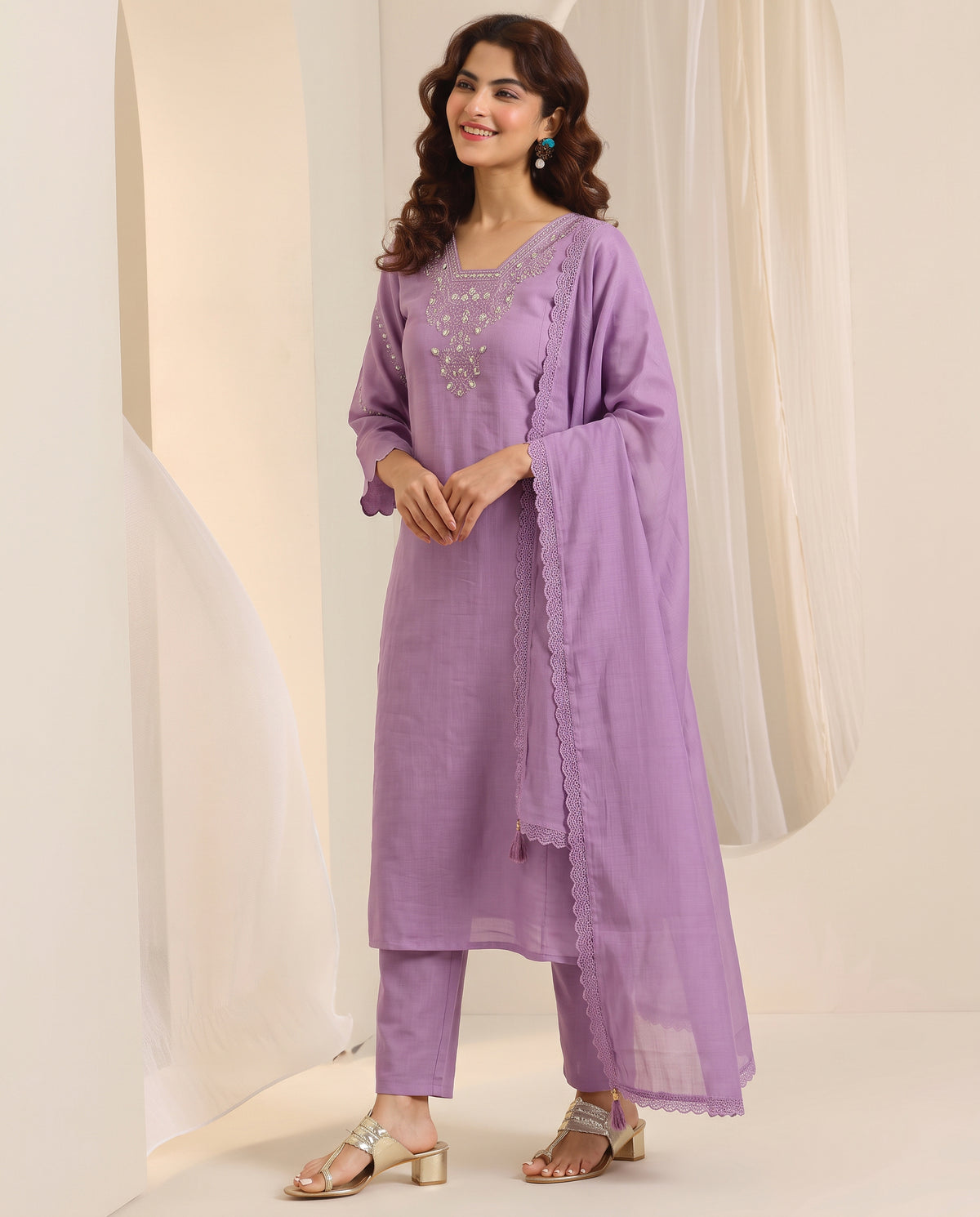 Purple Embroidered Cotton A-Line Kurta Set for Women with Dupatta