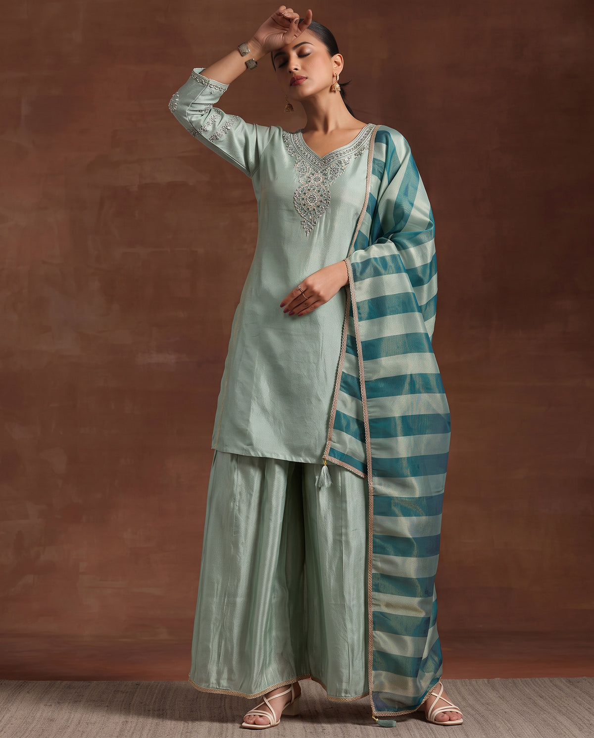 Sky Blue Embroidery Neck Work Short Kurta Suit Set With Dupatta