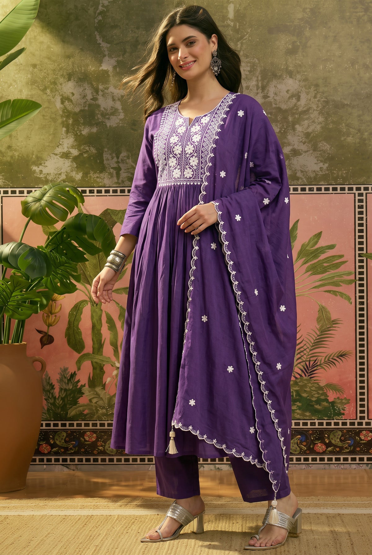 Purple Anarkali Kurta Set with White Chikankari-Style Embroidery