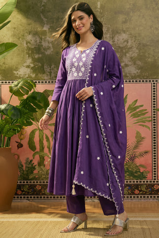 Purple Anarkali Kurta Set with White Chikankari-Style Embroidery