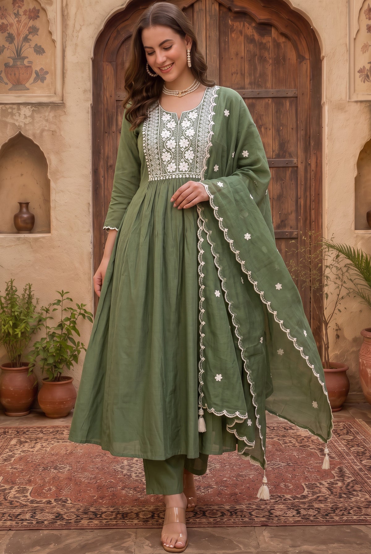 Olive Green Anarkali Suit with White Embroidered Yoke
