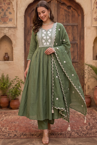 Olive Green Anarkali Suit with White Embroidered Yoke