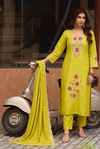 Mehendi Green Embroidered Straight Suit with Scalloped Dupatta