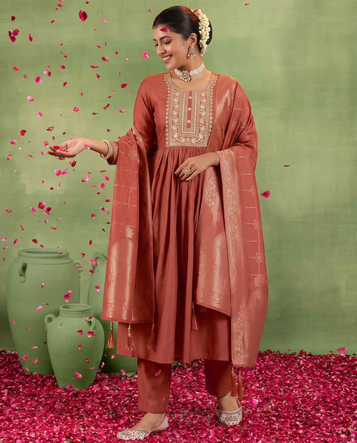 Women's Rust Embroidered Ethnic Kurta Suit Set with Jacquard Dupatta