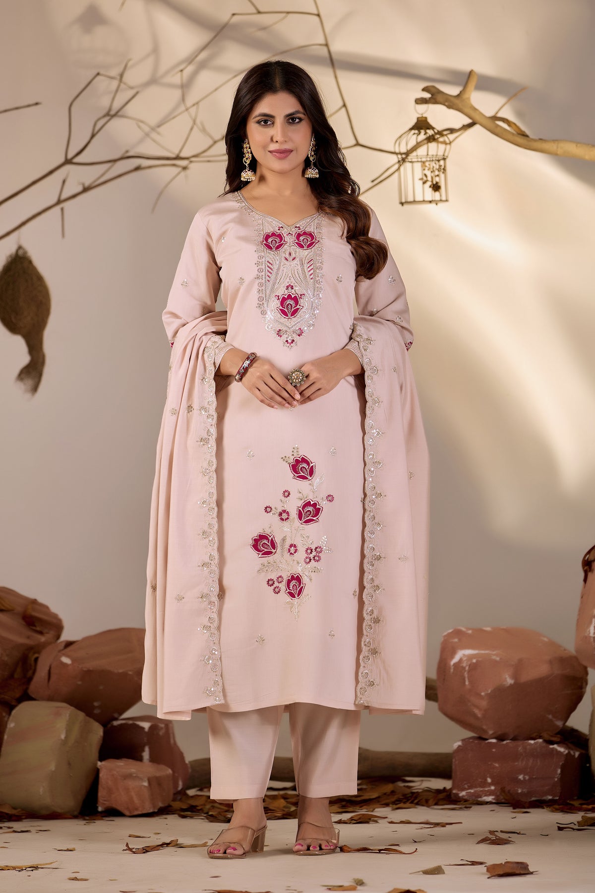 Blush Pink Straight Kurta Set with Magenta Floral Embroidery & Sequin Dupatta