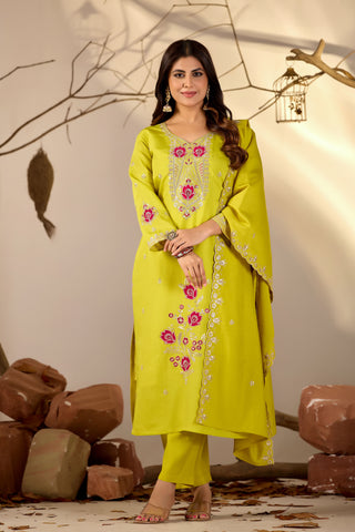 Lime Green Embroidered Straight Kurta Set with Scalloped Dupatta