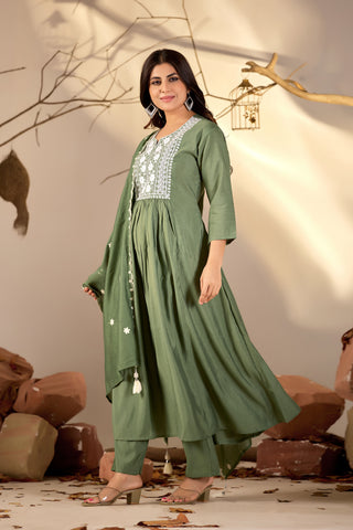 Olive Green Flared Anarkali Suit with White Embroidered Yoke