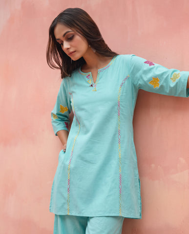 Sea Green Leaf Embroidered Cotton Kurta Palazzo Set for Women