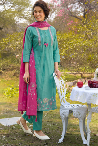 Sea Green Pintuck Kurta Set with Pink Floral Dupatta