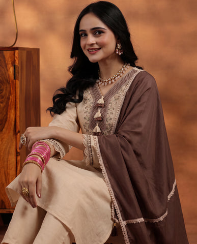 Cream Embroidered Cotton A-Line Suit Set for Women with Brown Dupatta