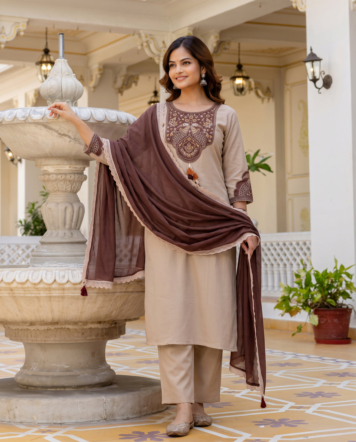 Beige Straight Kurta Set with Brown Peacock Embroidery & Lace-Border Dupatta