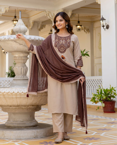 Beige Straight Kurta Set with Brown Peacock Embroidery & Lace-Border Dupatta