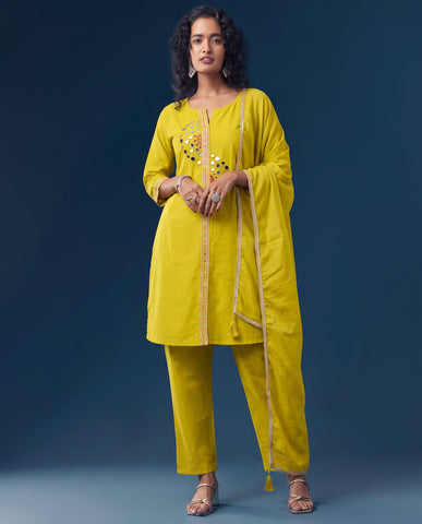 Women's Mustard Yellow Mirror Work Kurta Pant Set with Dupatta