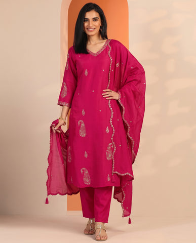 Rani Pink Embroidered Cotton A-Line Suit Set for Women with Dupatta