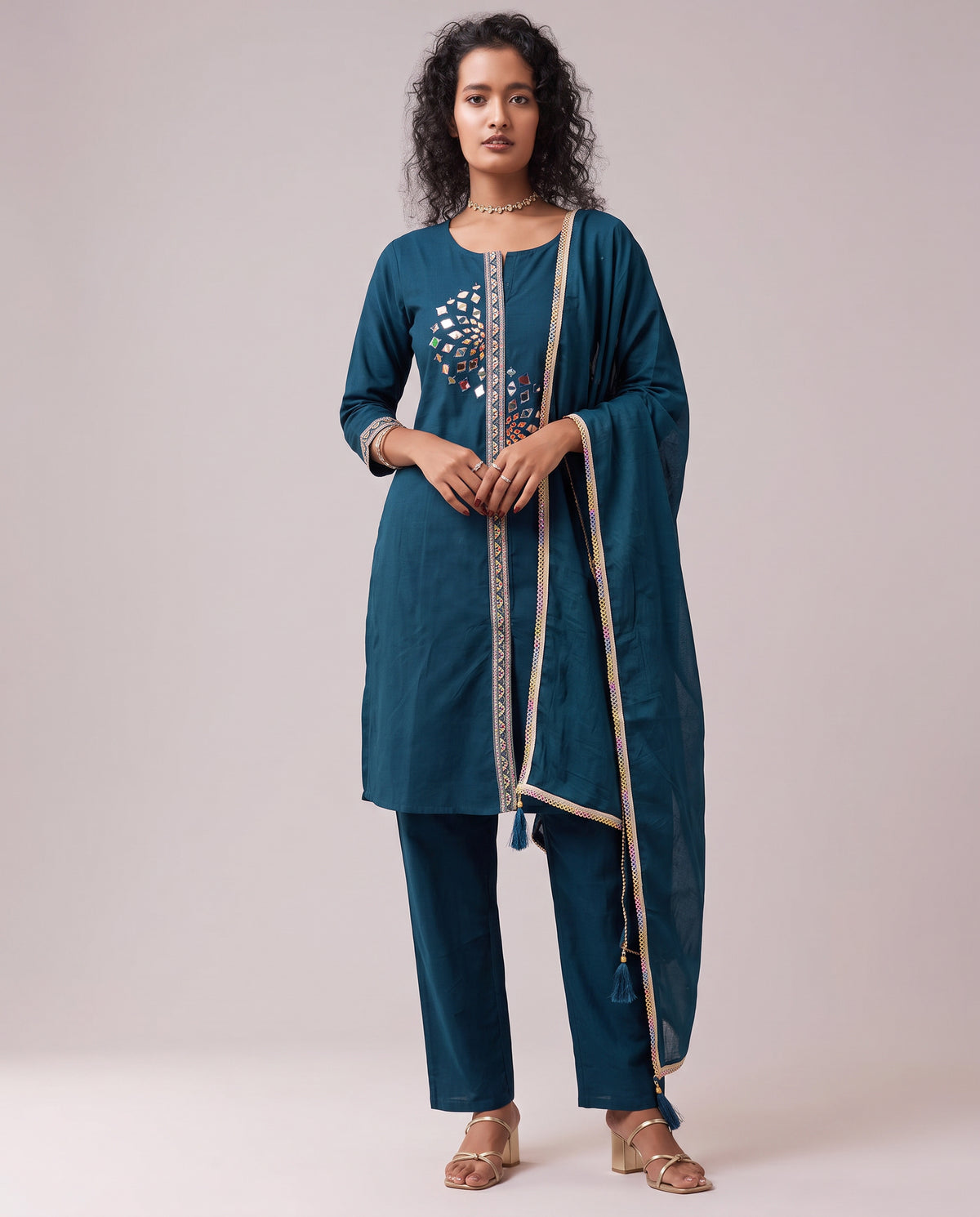 Women's Blue Embroidered Kurta Set with Mirror Work