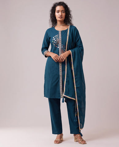Women's Blue Embroidered Kurta Set with Mirror Work