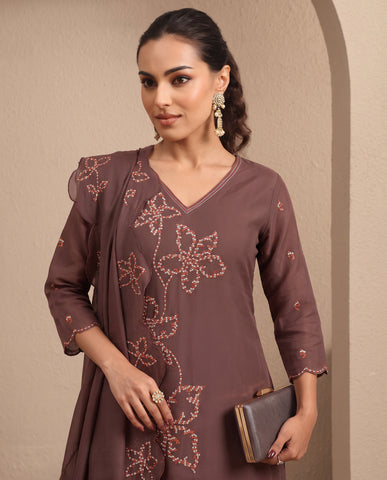 Women's V-Neck Embroidered Kurta with Pants & Dupatta