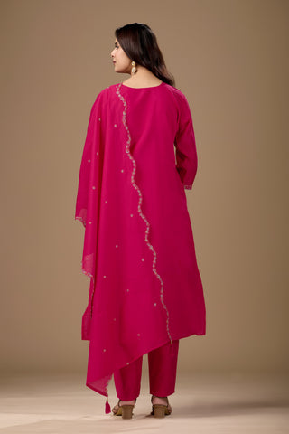 Rani Pink Embroidered Cotton A-Line Kurta Suit Set for Women with Dupatta