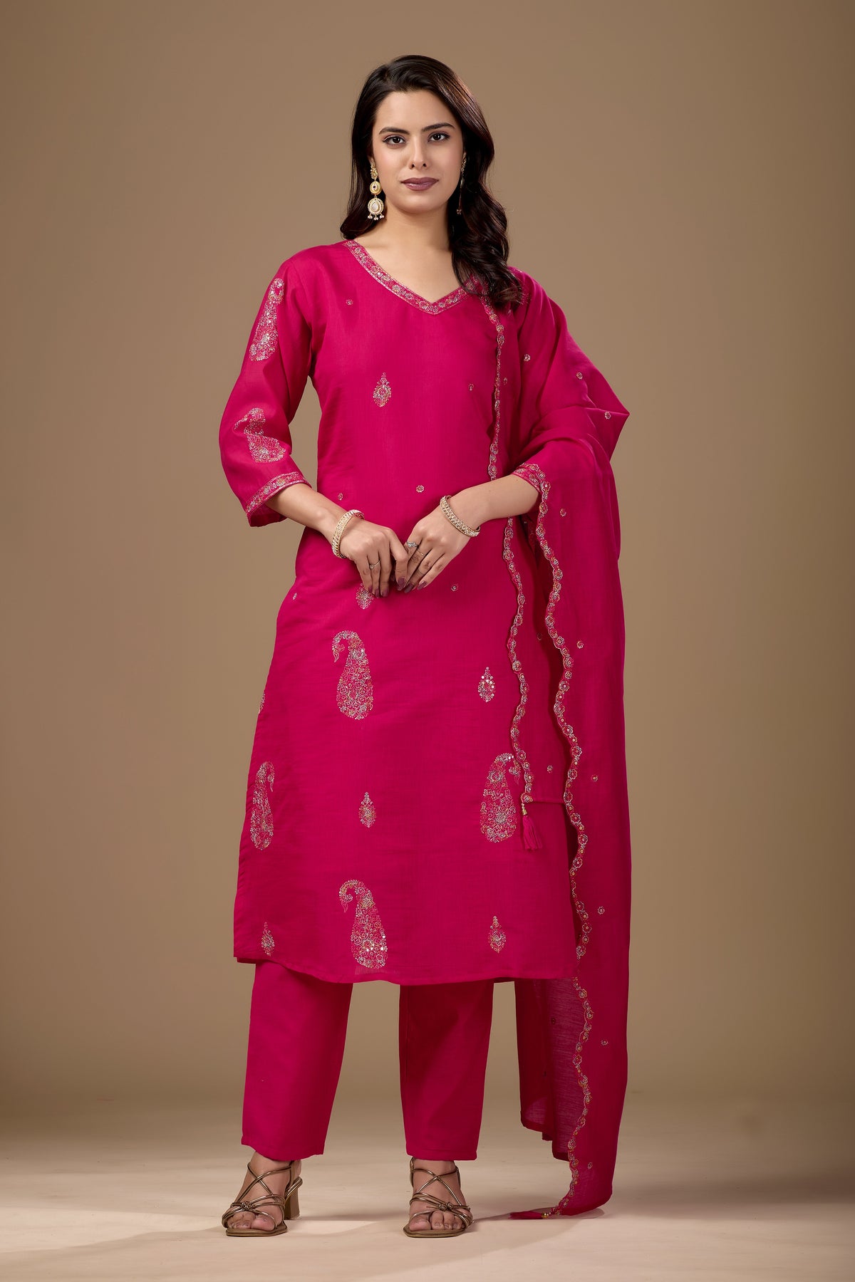 Rani Pink Embroidered Cotton A-Line Kurta Suit Set for Women with Dupatta