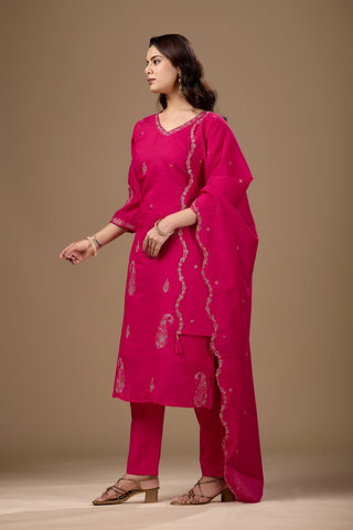 Rani Pink Embroidered Cotton A-Line Kurta Suit Set for Women with Dupatta