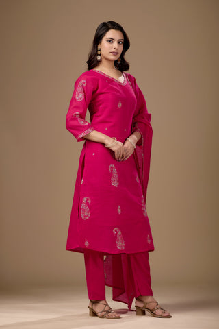 Rani Pink Embroidered Cotton A-Line Kurta Suit Set for Women with Dupatta