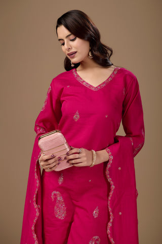 Rani Pink Embroidered Cotton A-Line Kurta Suit Set for Women with Dupatta