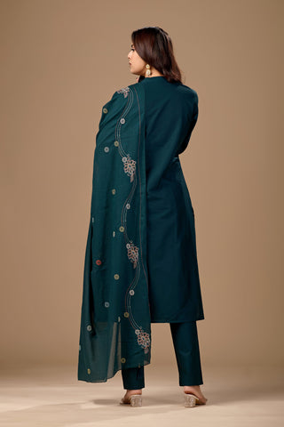 Navy Blue Embroidered Pure Cotton A-Line Kurta Set for Women with Dupatta