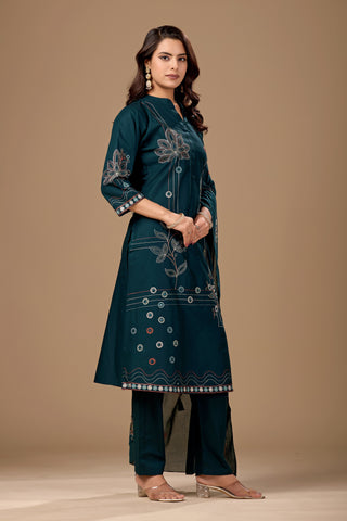 Navy Blue Embroidered Pure Cotton A-Line Kurta Set for Women with Dupatta