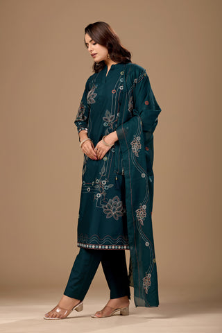 Navy Blue Embroidered Pure Cotton A-Line Kurta Set for Women with Dupatta