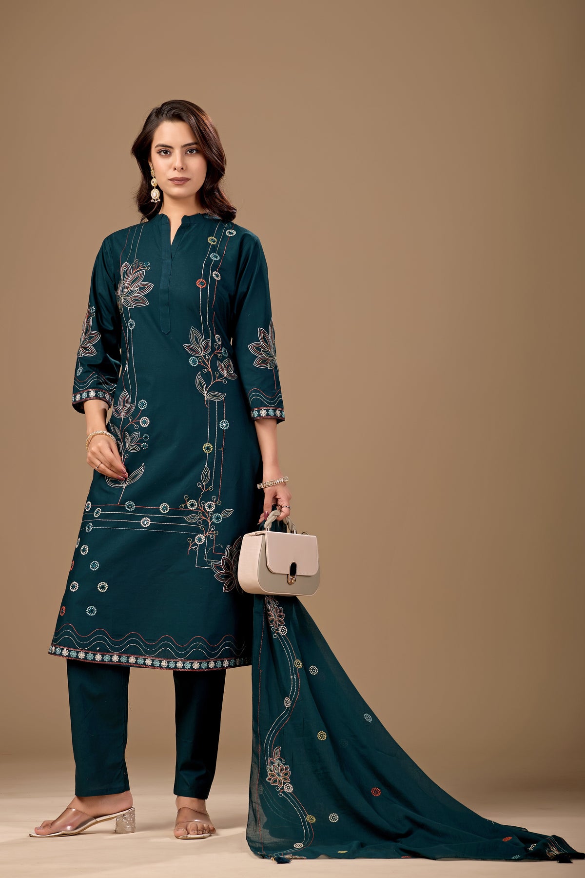 Navy Blue Embroidered Pure Cotton A-Line Kurta Set for Women with Dupatta