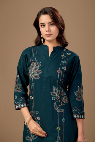 Navy Blue Embroidered Pure Cotton A-Line Kurta Set for Women with Dupatta