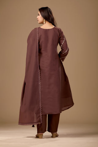 Brown Embroidered Cotton A-Line Kurta Set for Women with Dupatta