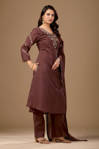 Brown Embroidered Cotton A-Line Kurta Set for Women with Dupatta