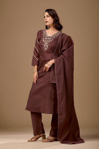 Brown Embroidered Cotton A-Line Kurta Set for Women with Dupatta