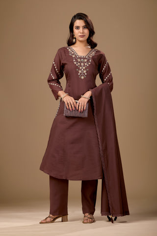 Brown Embroidered Cotton A-Line Kurta Set for Women with Dupatta