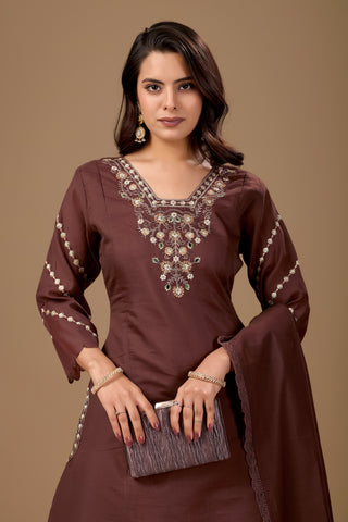 Brown Embroidered Cotton A-Line Kurta Set for Women with Dupatta