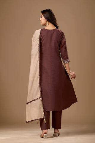 Brown Embroidered Cotton A-Line Kurta Set for Women with Beige Dupatta